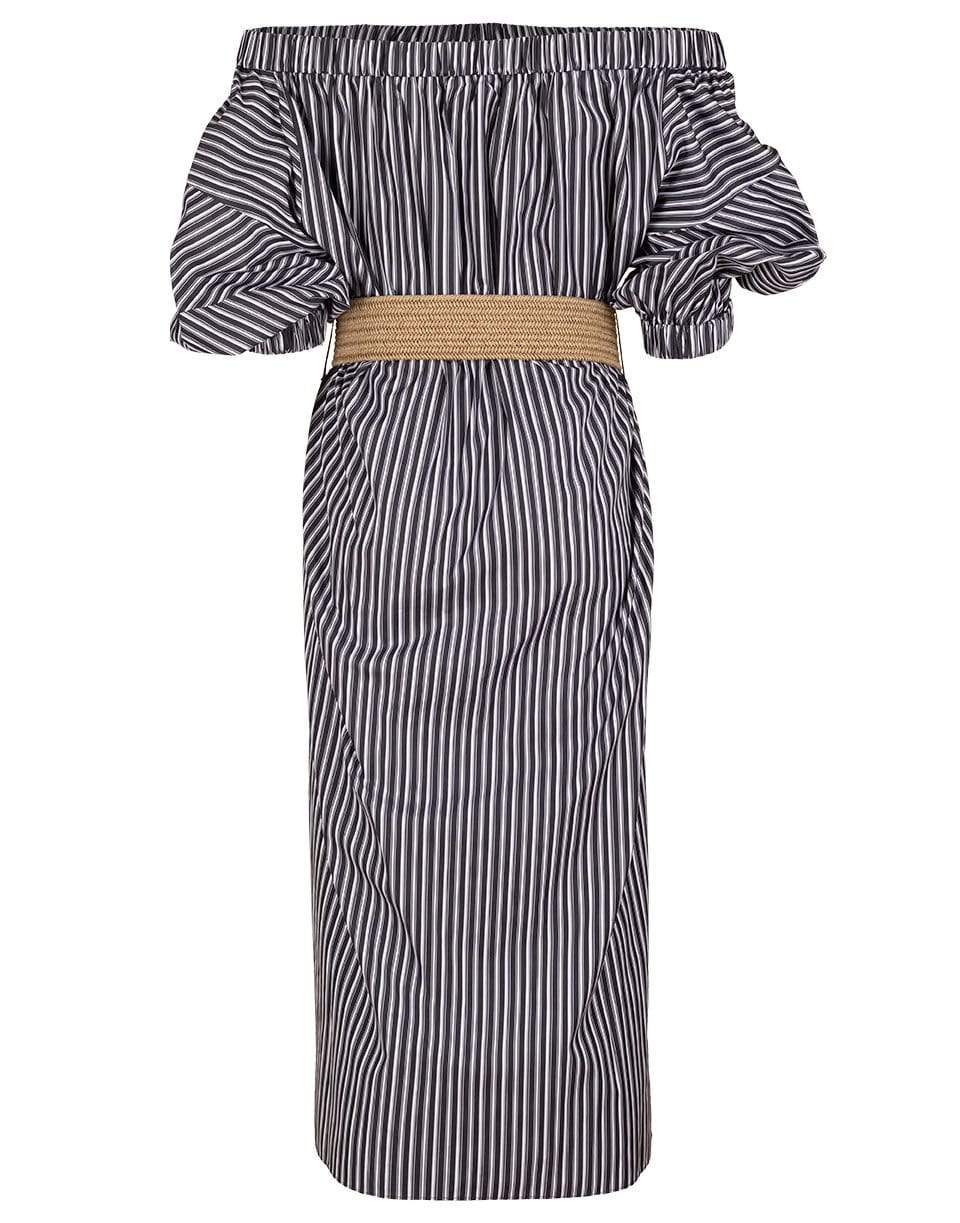 BRUNELLO CUCINELLI-Striped Off-Shoulder Belted Dress-