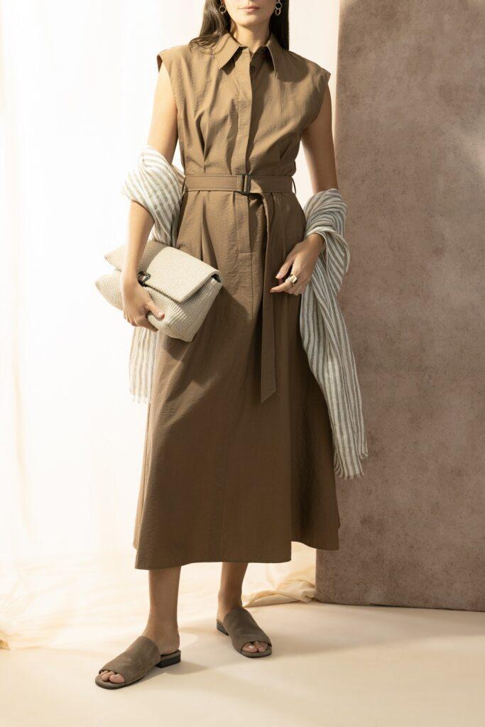 Diagonal Shirt Dress - Leather-BROWN-XS-CLOTHINGDRESSCASUAL-BRUNELLO CUCINELLI
