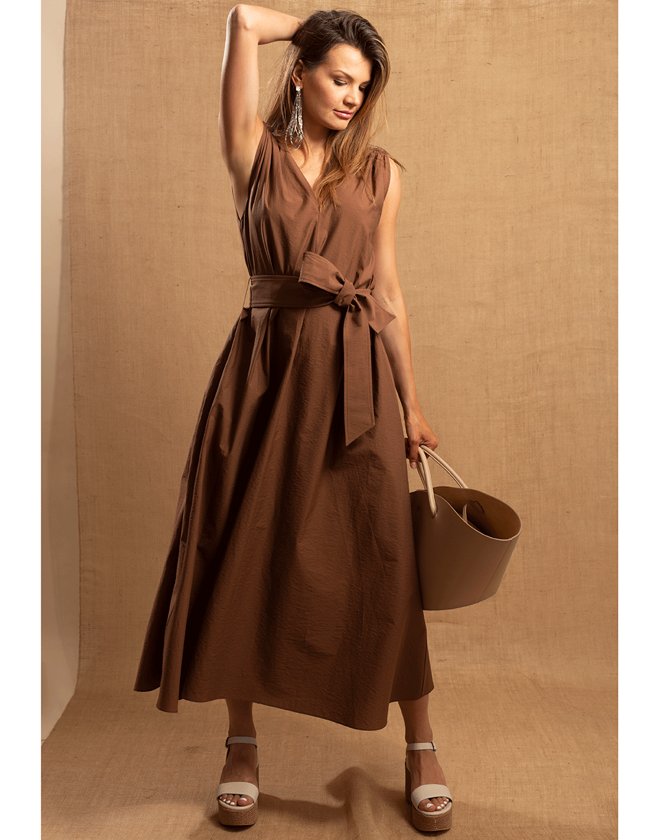 BRUNELLO CUCINELLI-Cinnamon Monilli Shoulder Detail Belted Dress-