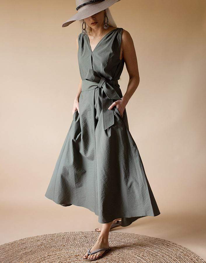 BRUNELLO CUCINELLI-Military Sleeveless Belted Poplin Dress-