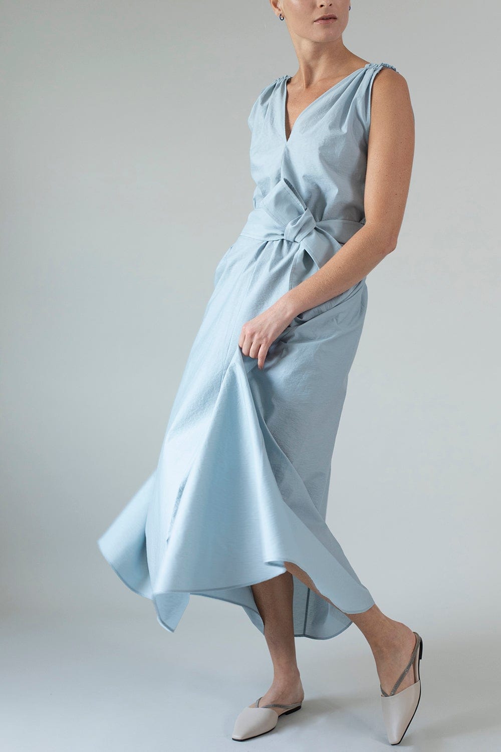BRUNELLO CUCINELLI-Sleeveless Poplin Belted Dress - Pale Blue-