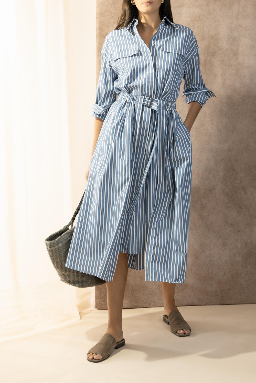 Wide Stripe Skirt Overlay Shirt Dress-STRIPE-XS-CLOTHINGDRESSCASUAL-BRUNELLO CUCINELLI