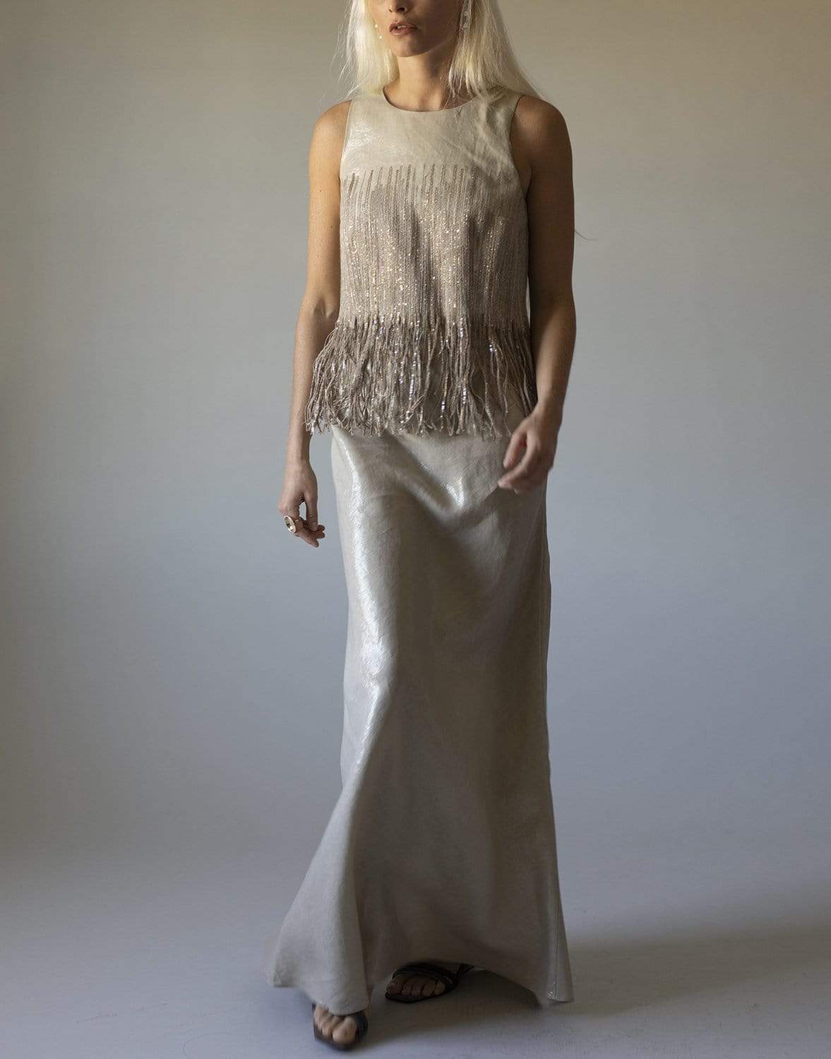 BRUNELLO CUCINELLI-Sequined Linen-Blend Fringe Column Gown-PLATINO