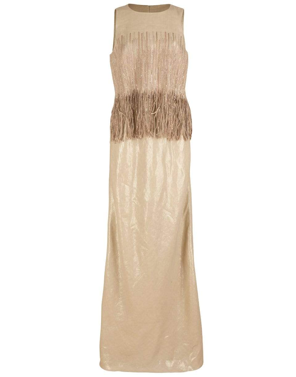 BRUNELLO CUCINELLI-Sequined Linen-Blend Fringe Column Gown-PLATINO