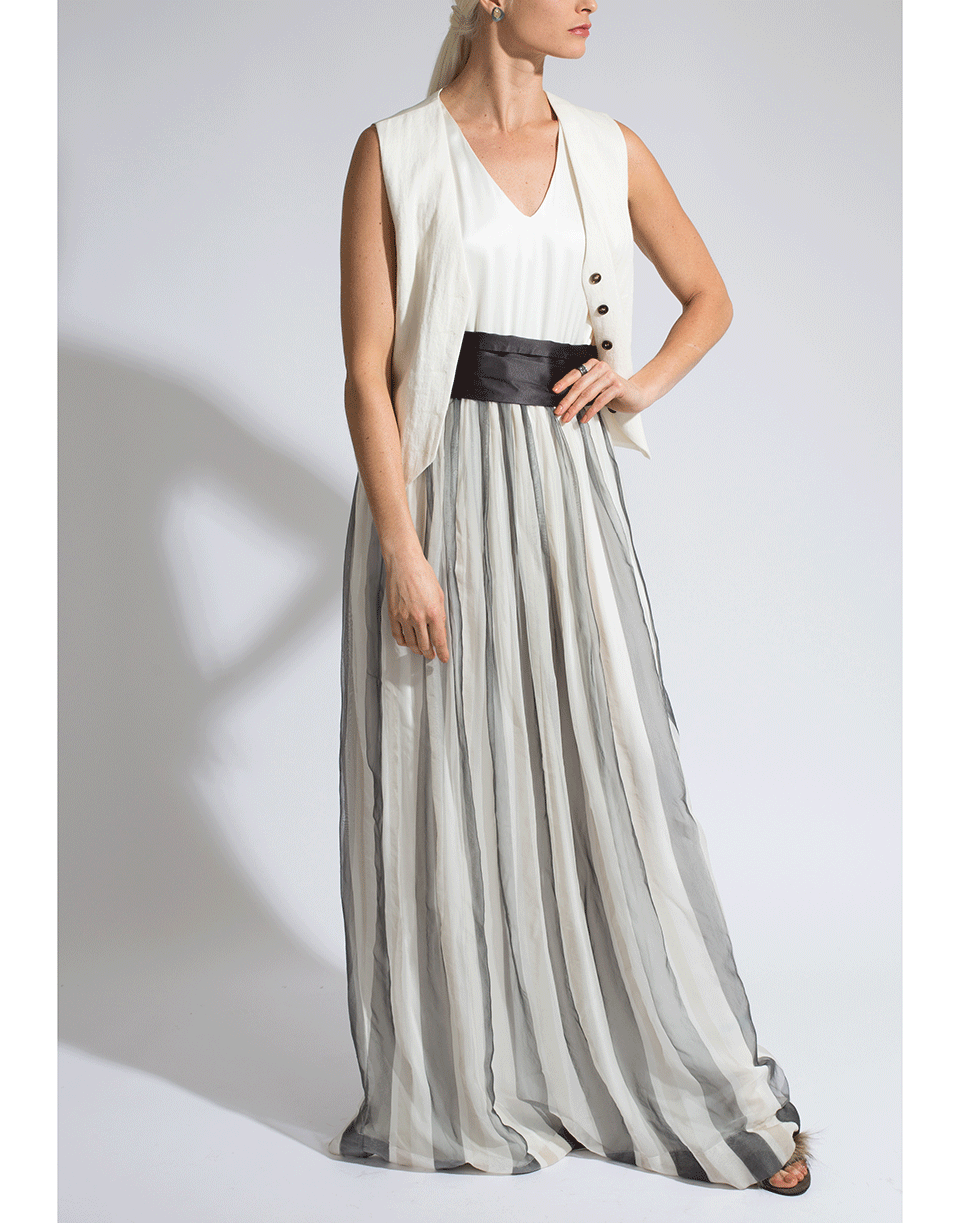 BRUNELLO CUCINELLI-Satin Cumberbund And Chevron Vest Gown-WHT/GRY