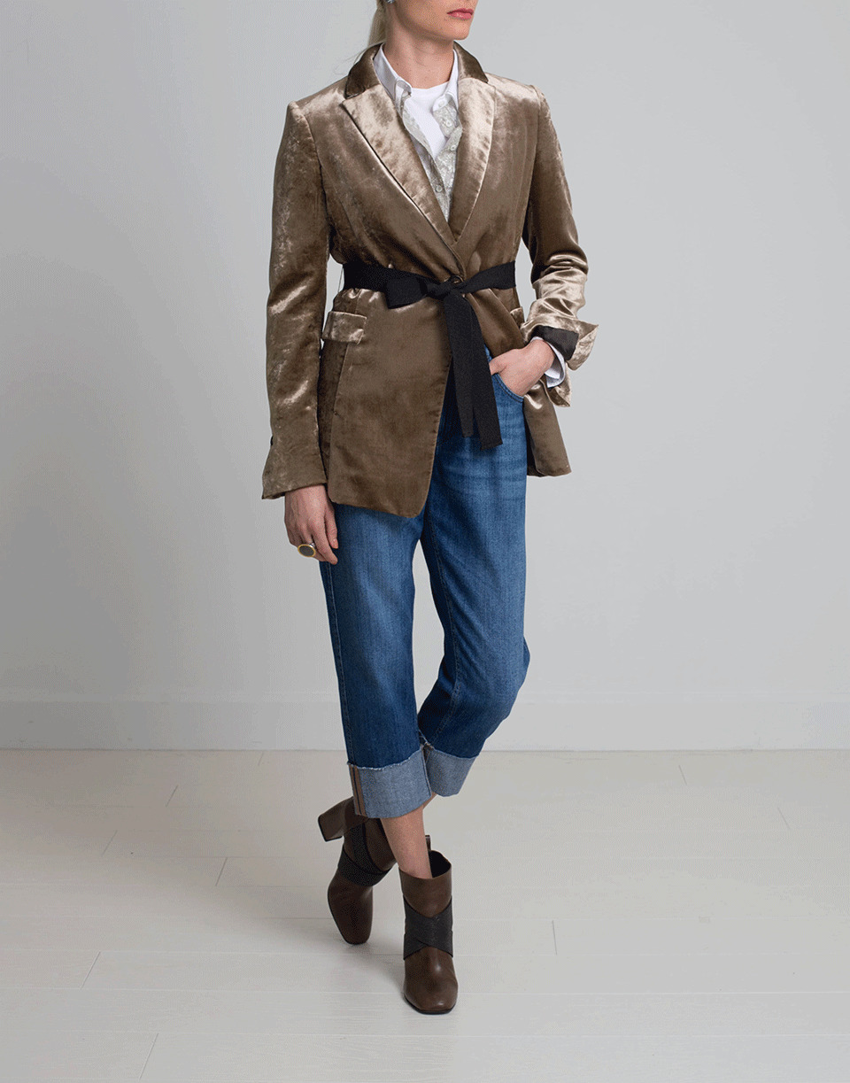 BRUNELLO CUCINELLI-Belted Crush Velvet Beaver Blazer-