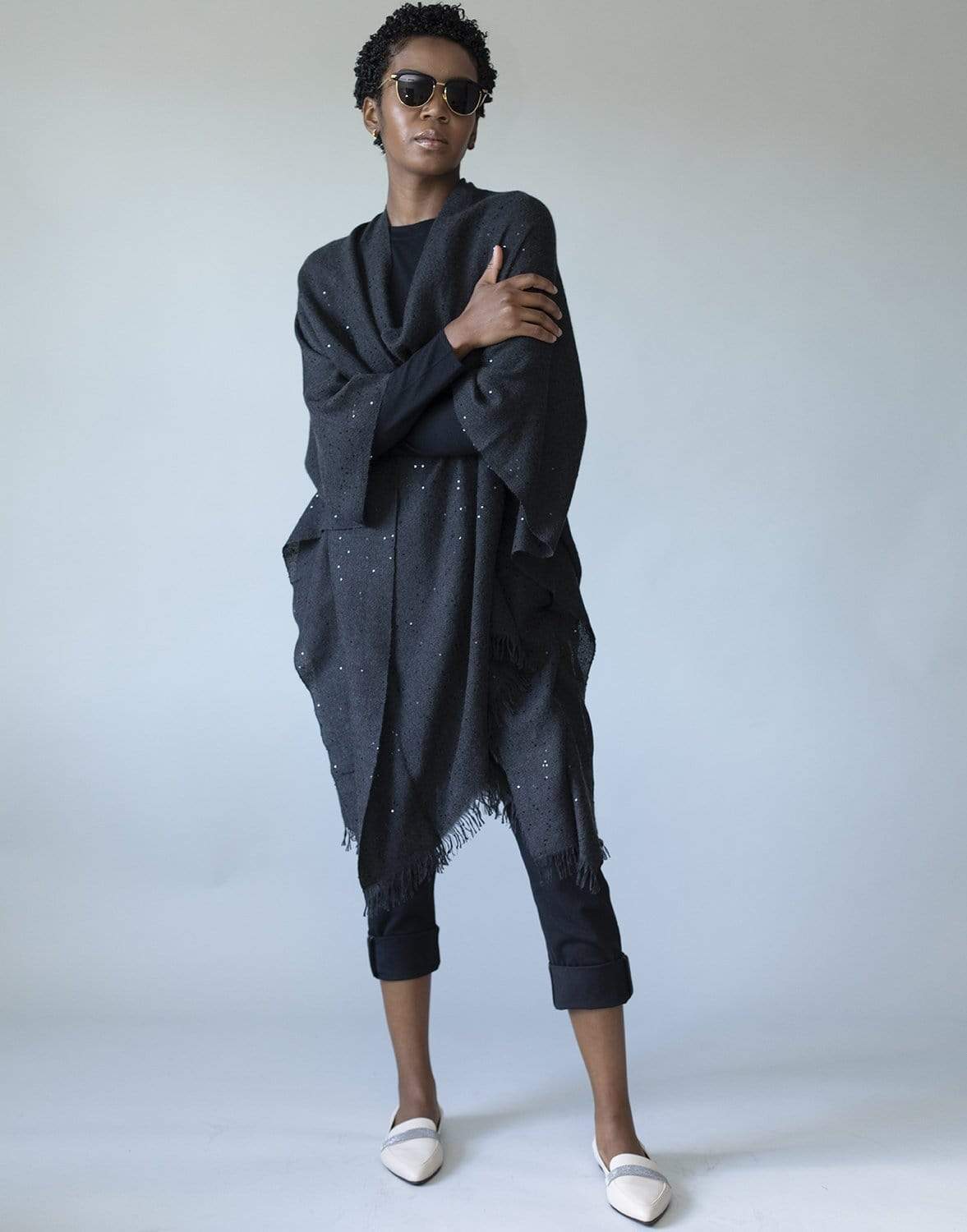 BRUNELLO CUCINELLI-Black Cashmere and Silk Frayed Poncho-BLACK