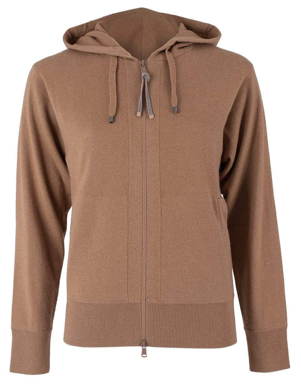 BRUNELLO CUCINELLI-Caramel Cashmere Ribbed Monili Tab Zip Front Jacket-