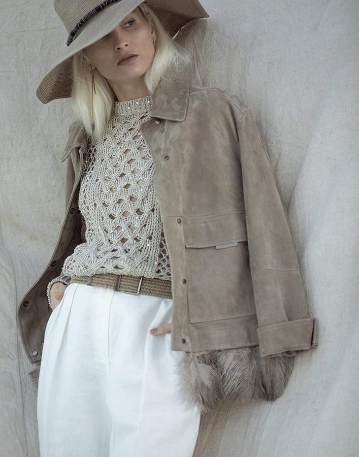 BRUNELLO CUCINELLI-Feather Hem Suede Jacket-FANGO