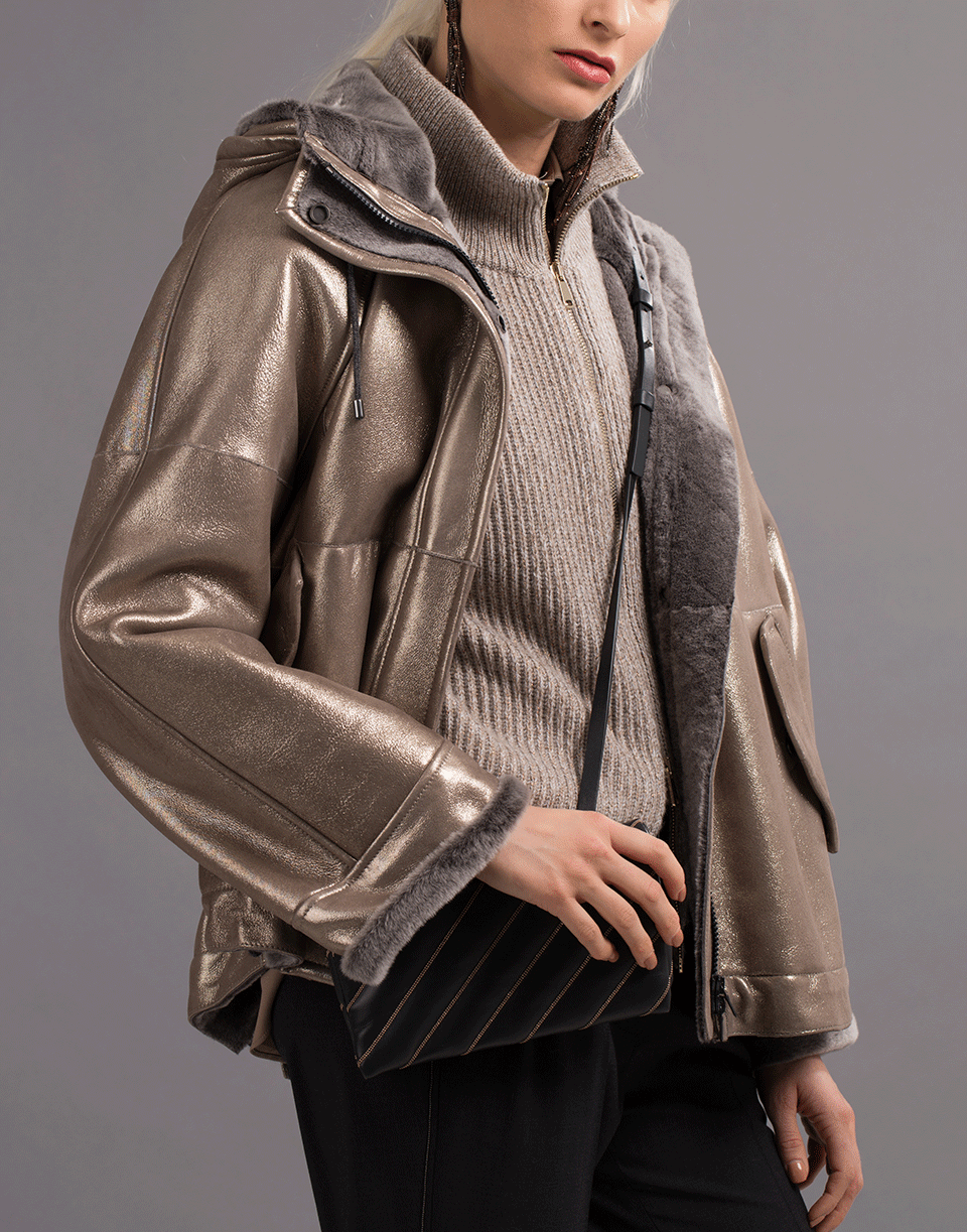 BRUNELLO CUCINELLI-Metallic Shearling Hooded Jacket-HEMATITE