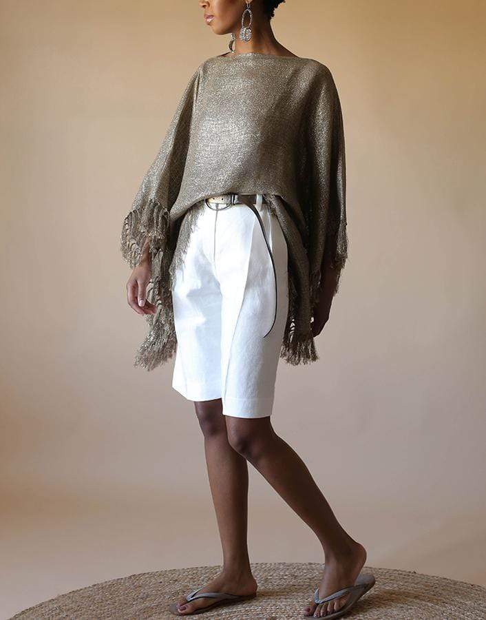 BRUNELLO CUCINELLI-Camel Metallic Fine Knit Poncho-CAMEL/OR