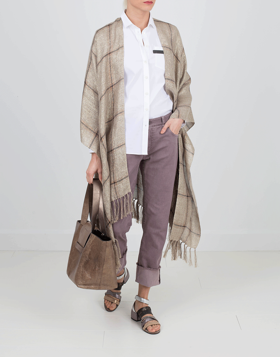 BRUNELLO CUCINELLI-Madras Poncho With Fringe-GOLD