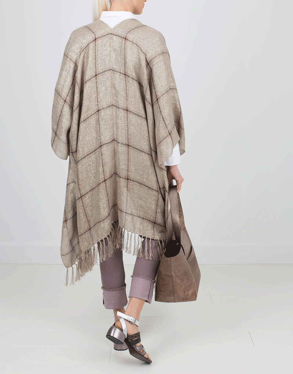 BRUNELLO CUCINELLI-Madras Poncho With Fringe-GOLD