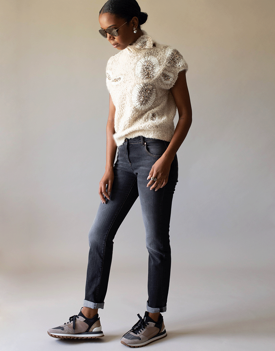 BRUNELLO CUCINELLI-Dark Grey Monili Detail Straight Leg Denim Pant-