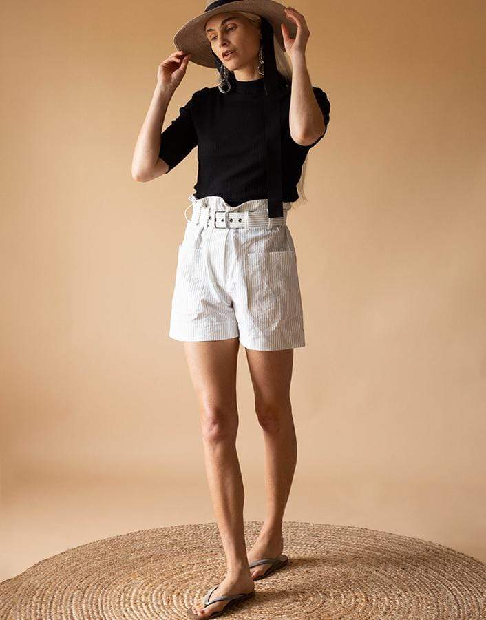 BRUNELLO CUCINELLI-Pinestripe Paperbag Waist Belted Bermuda Shorts-