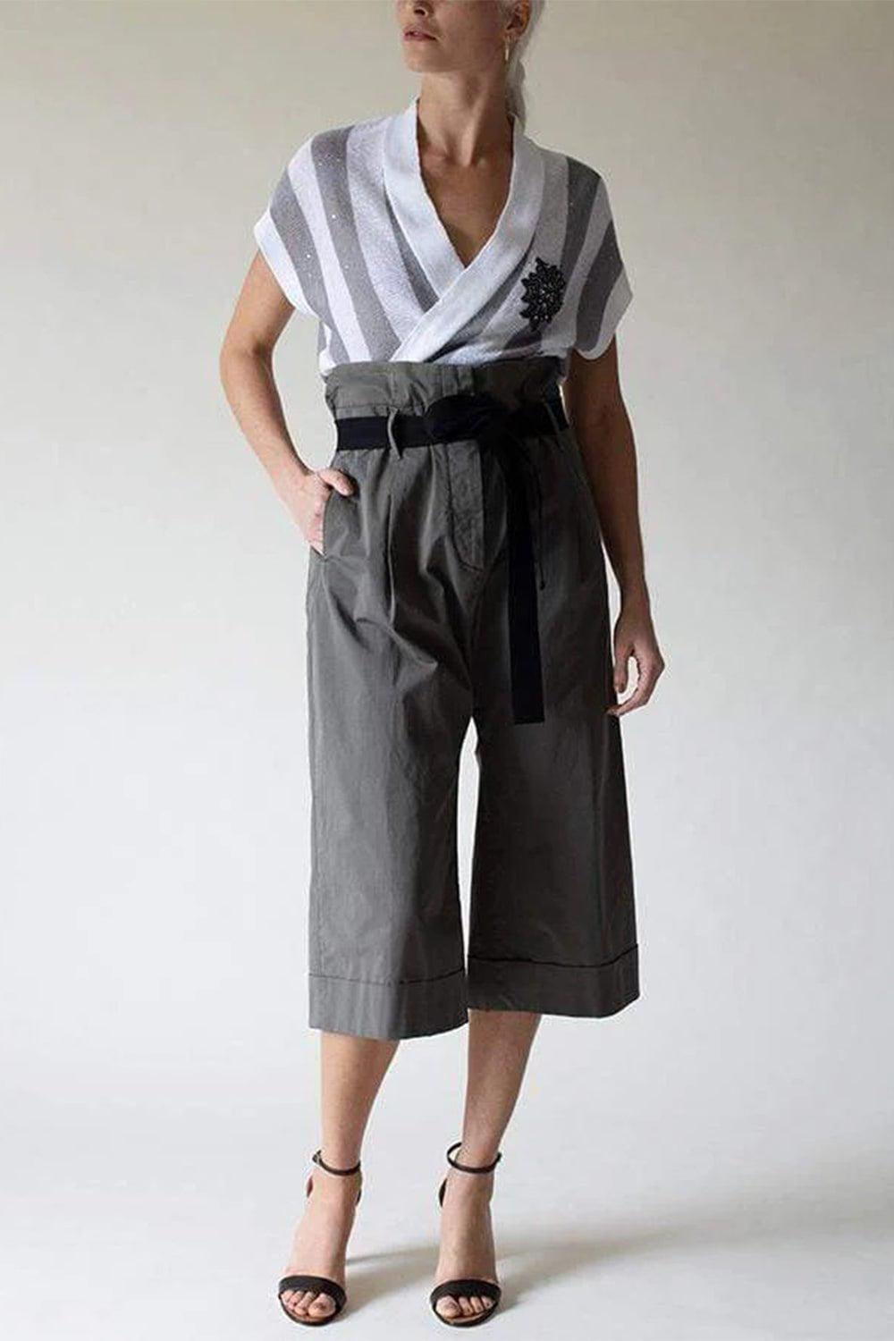 BRUNELLO CUCINELLI-High Waist Cropped Belted Pant-GREEN