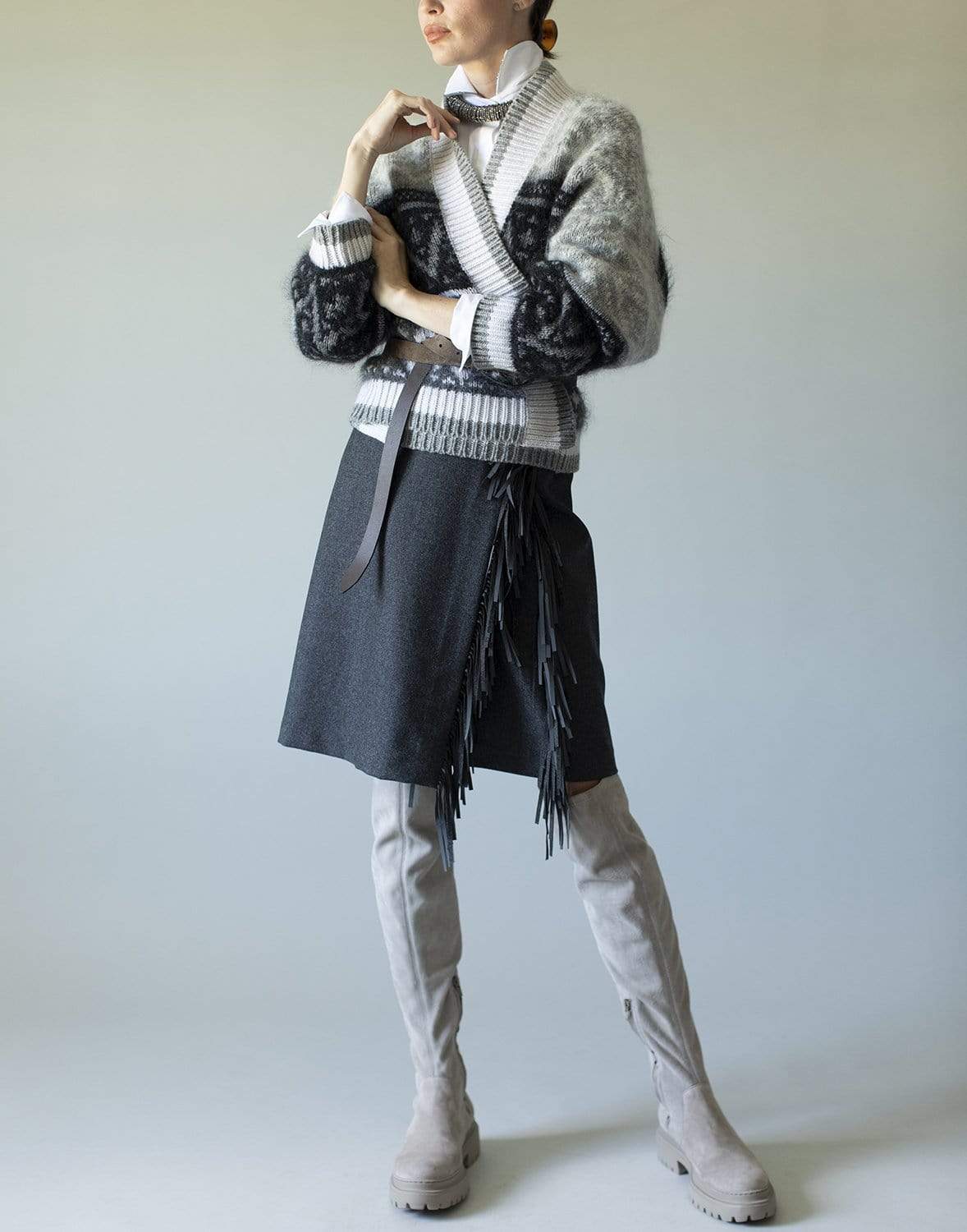 BRUNELLO CUCINELLI-Wool Flannel Fringe Skirt-