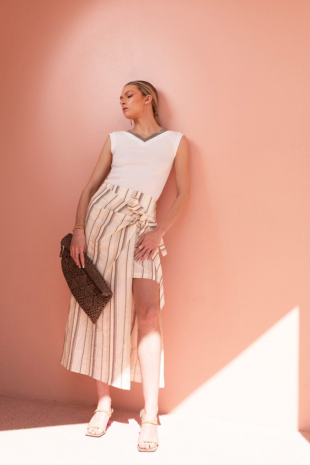 BRUNELLO CUCINELLI-Striped Knotted Front Skirt-
