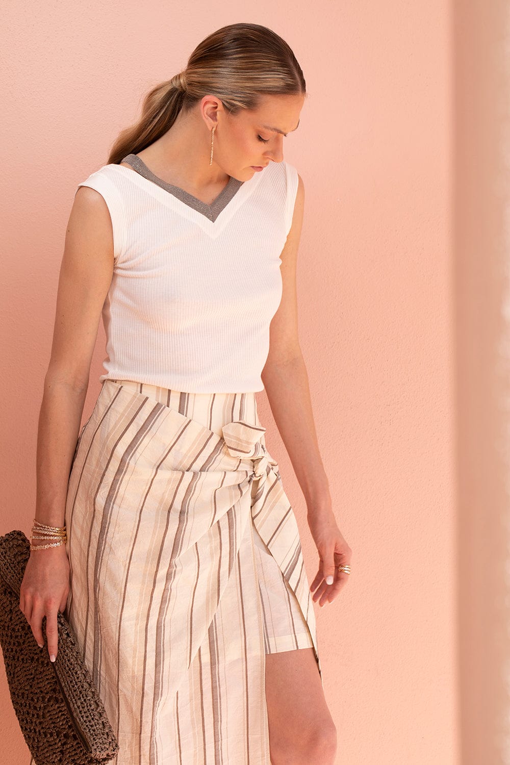 BRUNELLO CUCINELLI-Striped Knotted Front Skirt-