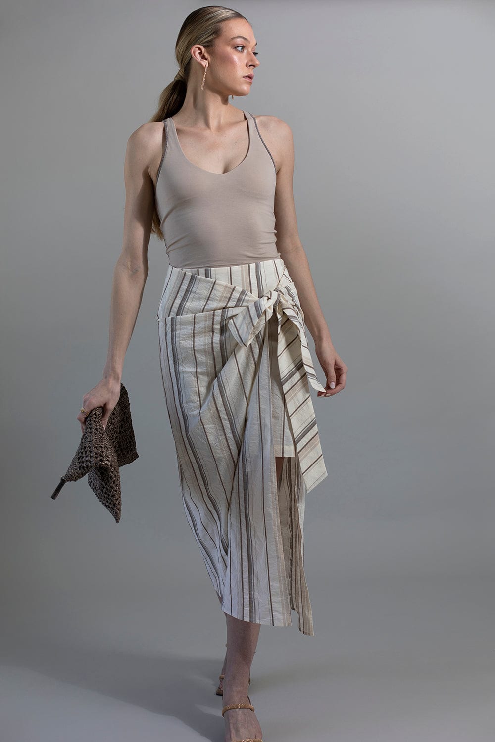 BRUNELLO CUCINELLI-Striped Knotted Front Skirt-