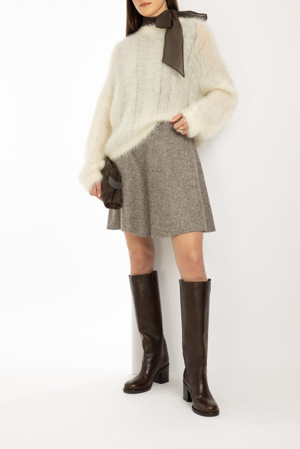 Herringbone Mini Circle Skirt-BROWN/GREY-36-CLOTHINGSKIRTMINI-BRUNELLO CUCINELLI
