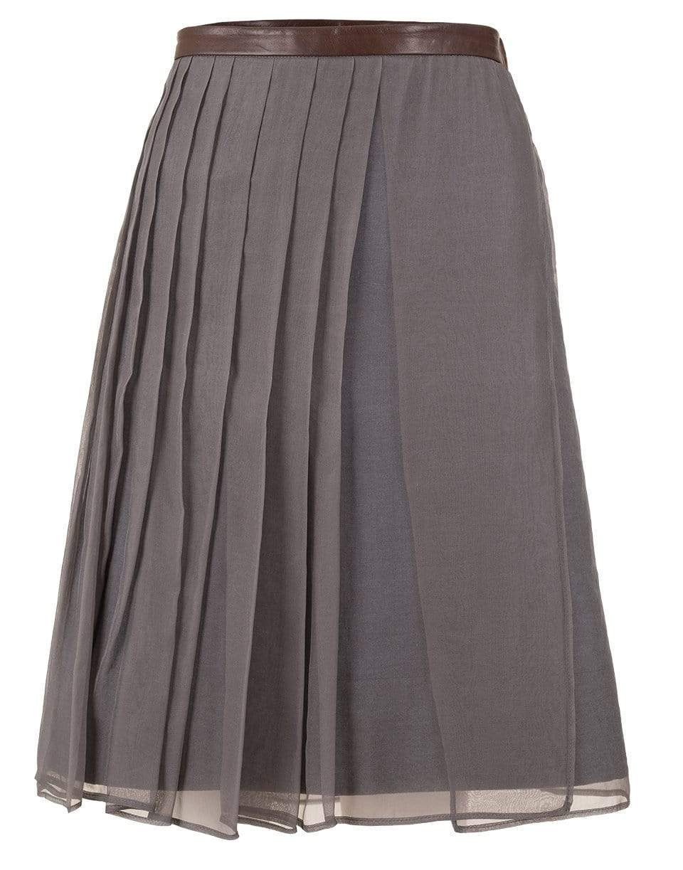 BRUNELLO CUCINELLI-Leather Waist Pleated Skirt-BROWN