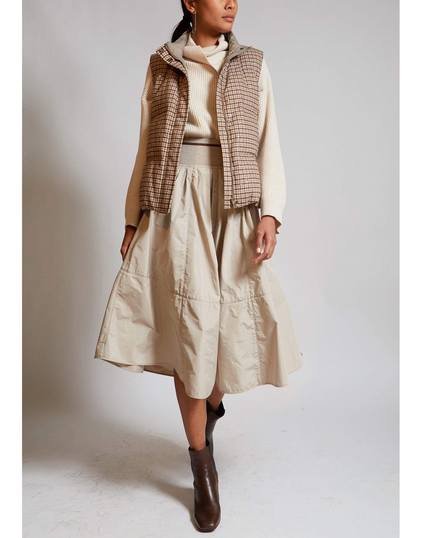 BRUNELLO CUCINELLI-Stone Taffeta and Jersey Striped Waistband Skirt-