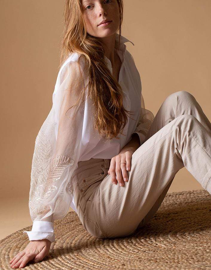 BRUNELLO CUCINELLI-Cotton Poplin Leaf Embroidered Shirt-