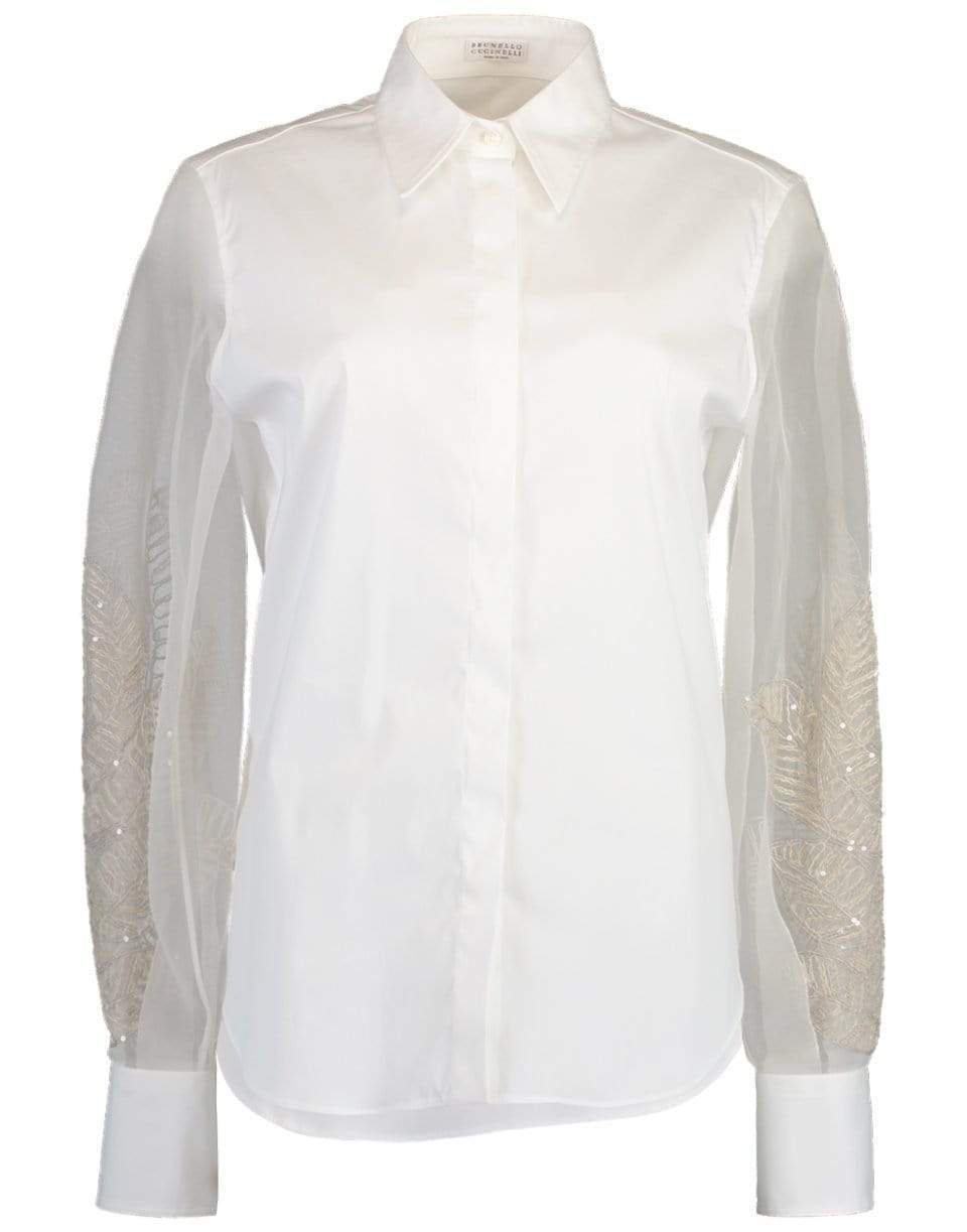 BRUNELLO CUCINELLI-Cotton Poplin Leaf Embroidered Shirt-