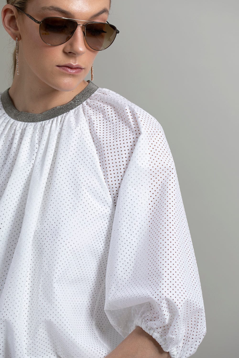 BRUNELLO CUCINELLI-Monili Trim Collar Peasant Top-