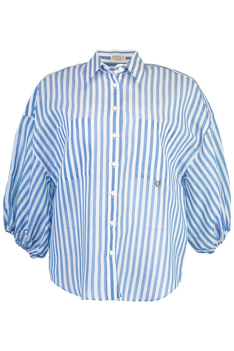 BRUNELLO CUCINELLI-Striped Elbow Sleeve Top - Blue-