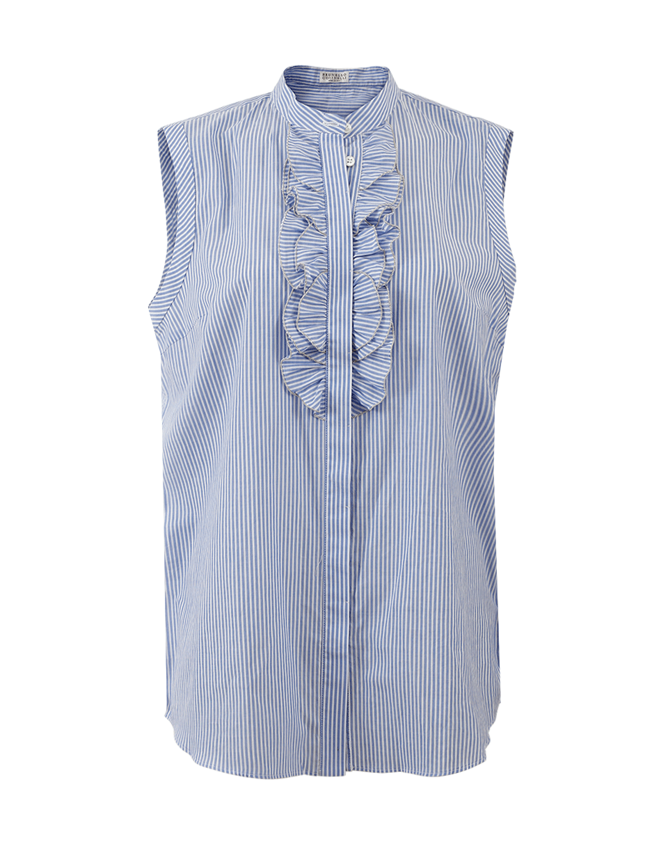 BRUNELLO CUCINELLI-Stripe Ruffle Blouse-BLU/WHT