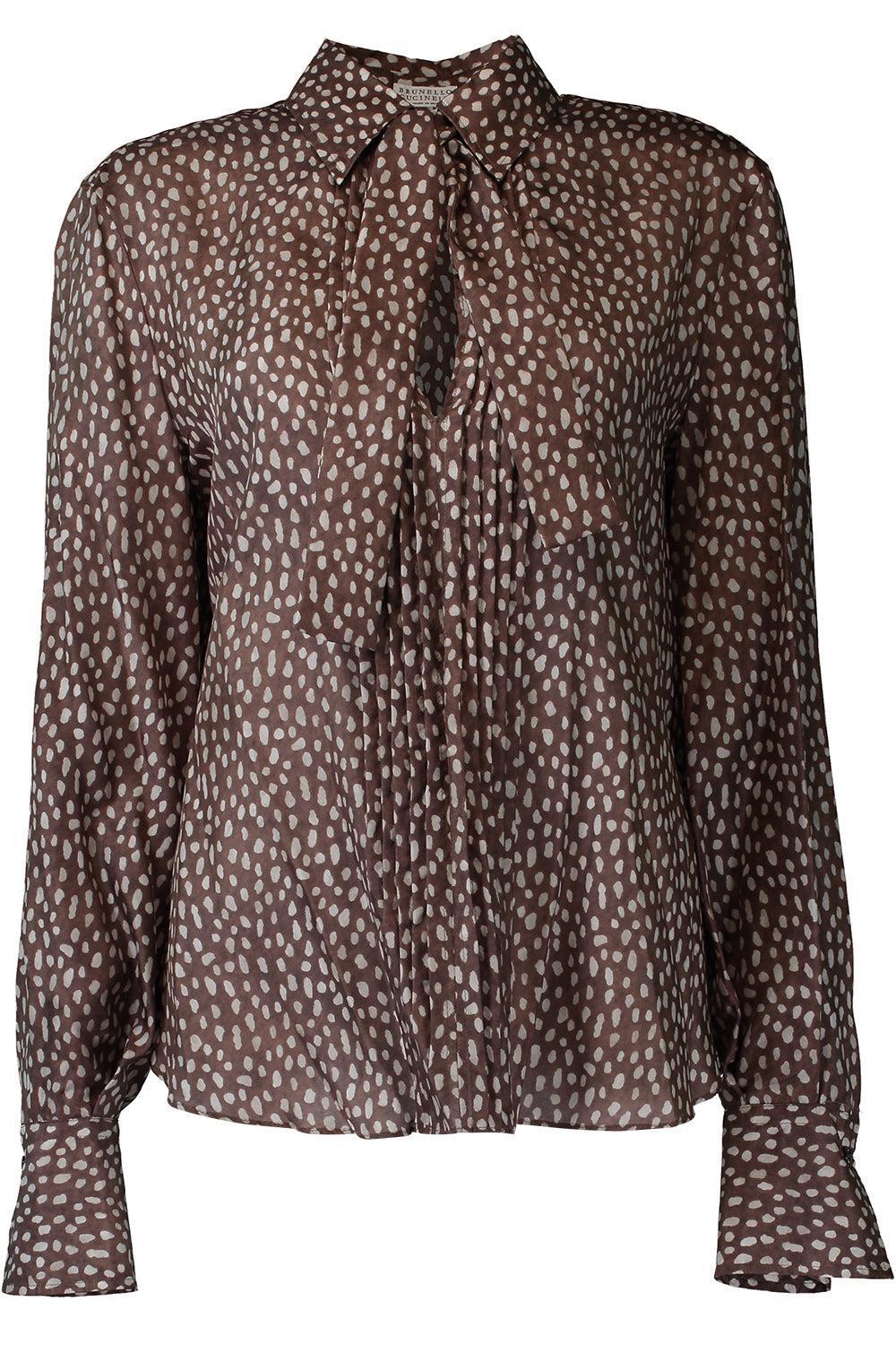Pois Lier Print Tie Shrit-BROWN-XS-CLOTHINGTOPBLOUSE-BRUNELLO CUCINELLI