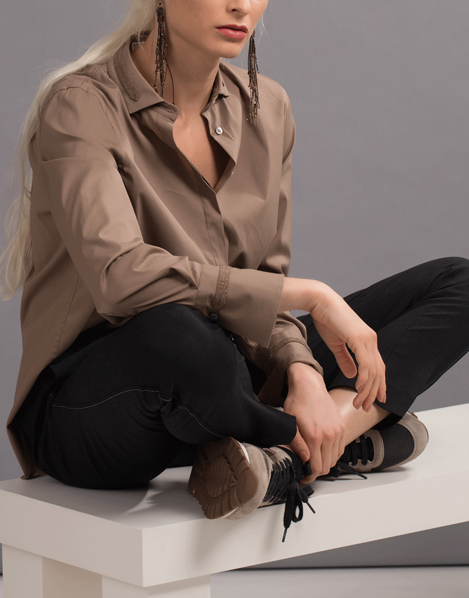 BRUNELLO CUCINELLI-Stretch Monili Collar and Cuff Blouse-