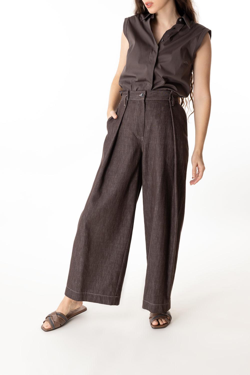 Shiny Trim Sleeveless Shirt - Chocolate-CHOCOLAT-XS-CLOTHINGTOPBLOUSE-BRUNELLO CUCINELLI