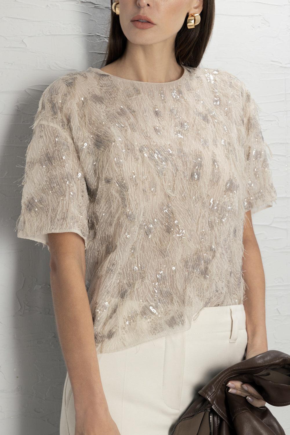 Animalier Sequin Short Sleeve Blouse-CREAM-XS-CLOTHINGTOPBLOUSE-BRUNELLO CUCINELLI
