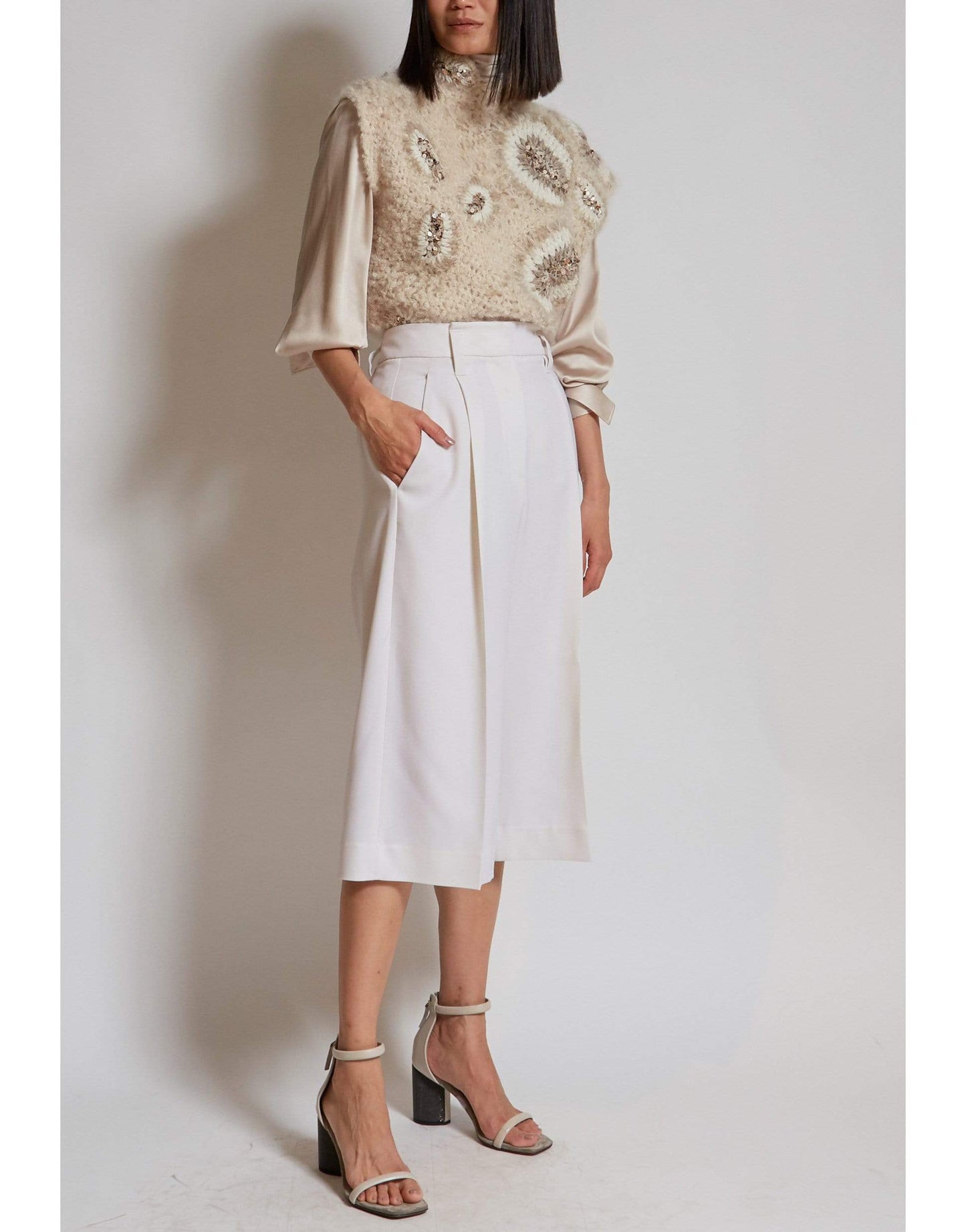 BRUNELLO CUCINELLI-Cream Satin Long Sleeve Wrap Neck Top-