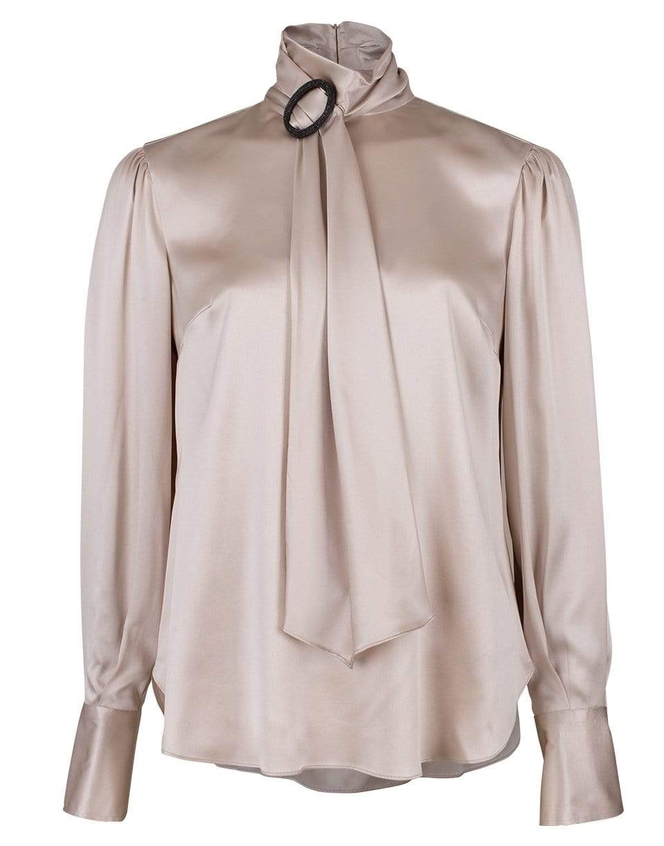 BRUNELLO CUCINELLI-Cream Satin Long Sleeve Wrap Neck Top-