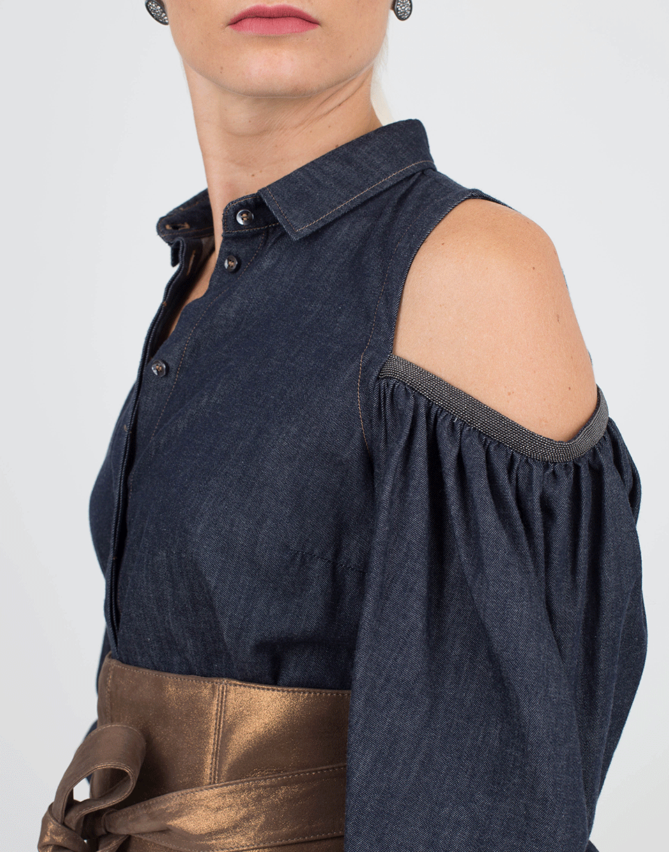 BRUNELLO CUCINELLI-Denim Cold Shoulder Blouse-