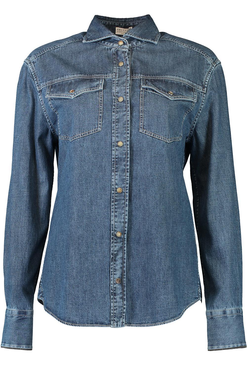Monili Cuff Trim Superlight Shirt-DENIM-XS-CLOTHINGTOPBLOUSE-BRUNELLO CUCINELLI