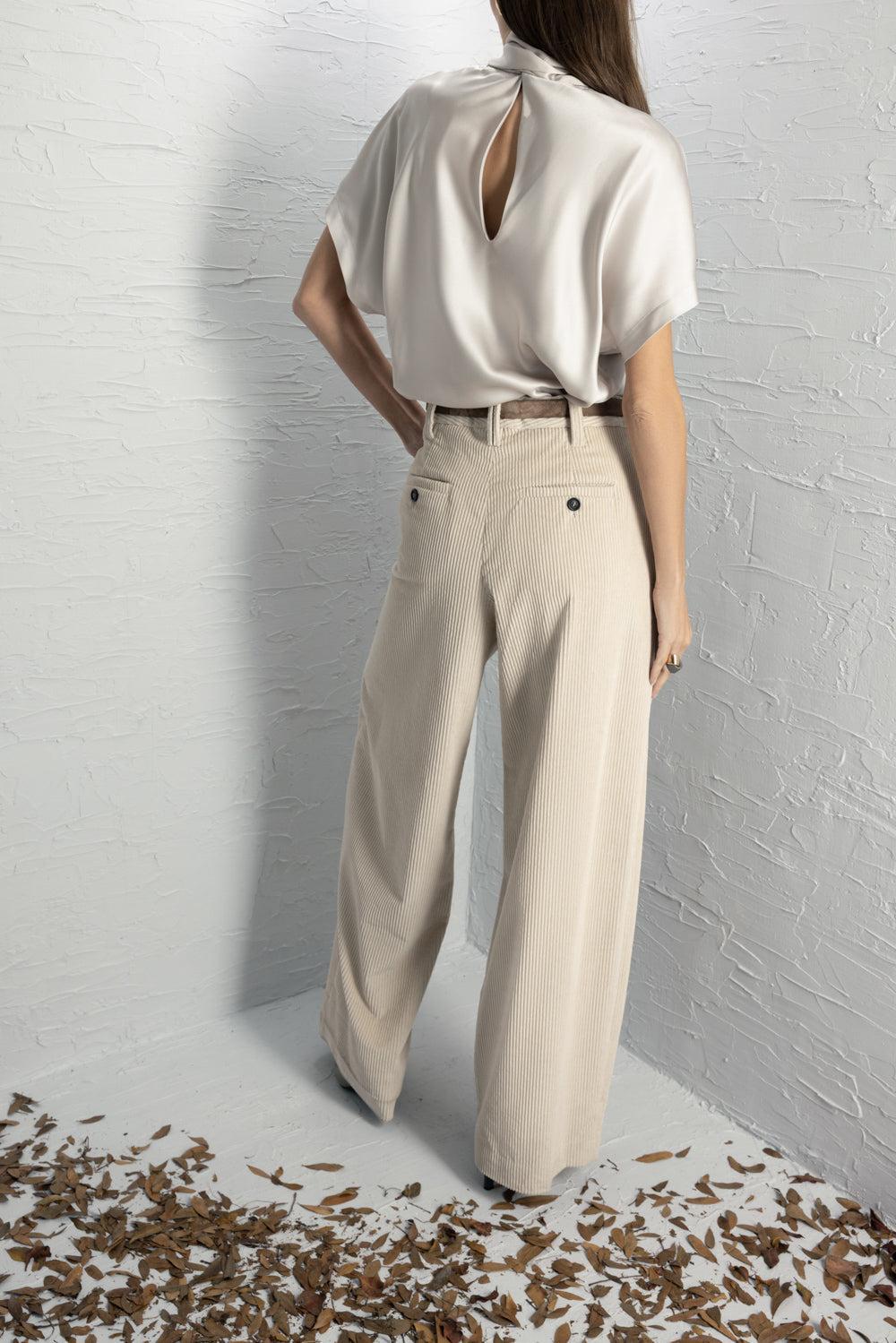 Tie Neck Short Sleeve Blouse-GREY-XS-CLOTHINGTOPBLOUSE-BRUNELLO CUCINELLI