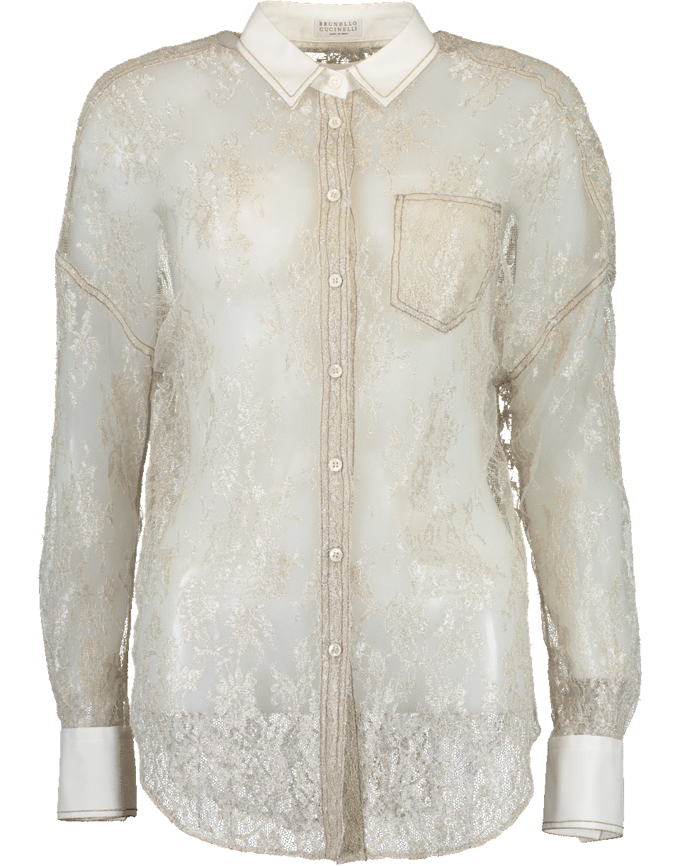 BRUNELLO CUCINELLI-Metallic Lace Wester Blouse-NAT/WHT
