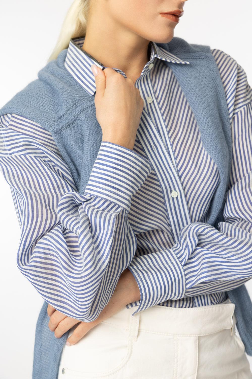 Snipped Waist Pinstripe Blouse-NVY/WHT-S-CLOTHINGTOPBLOUSE-BRUNELLO CUCINELLI