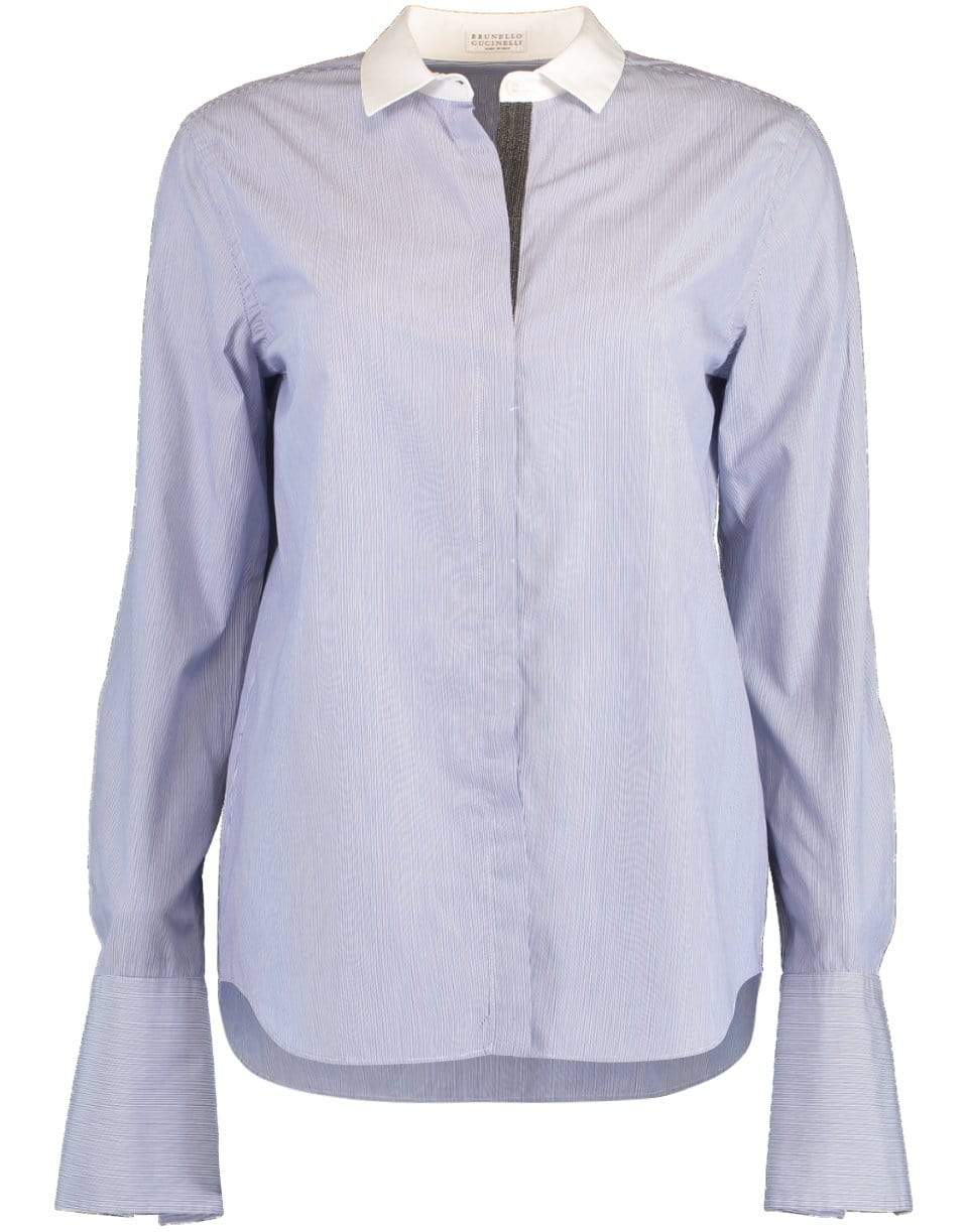BRUNELLO CUCINELLI-Contrasting Collar Stripe Shirt-STRIPE