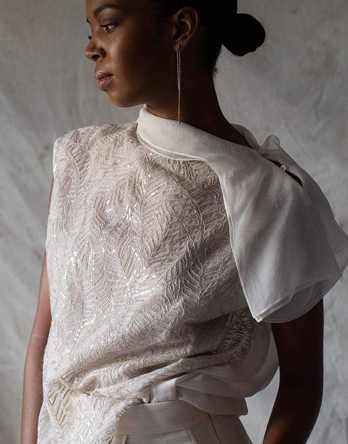 BRUNELLO CUCINELLI-Cap Sleeve Organza Embroidered Sheer Top-