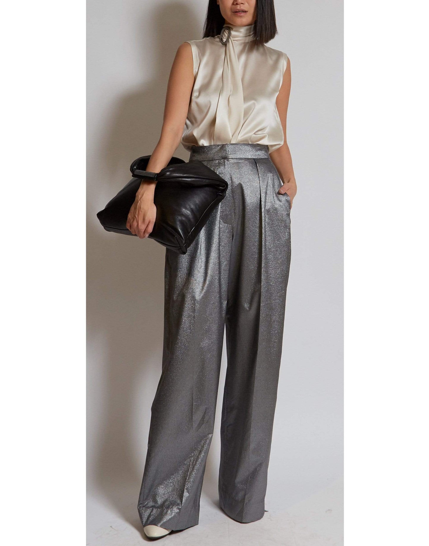 BRUNELLO CUCINELLI-Vanilla Satin Sleeveless Wrap Neck Top-