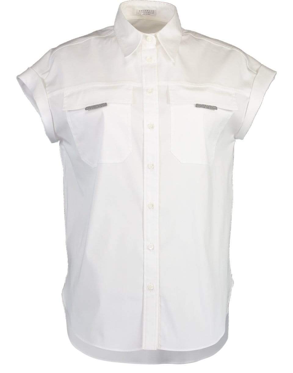 BRUNELLO CUCINELLI-Cotton Stretch Poplin Short Sleeve Blouse-