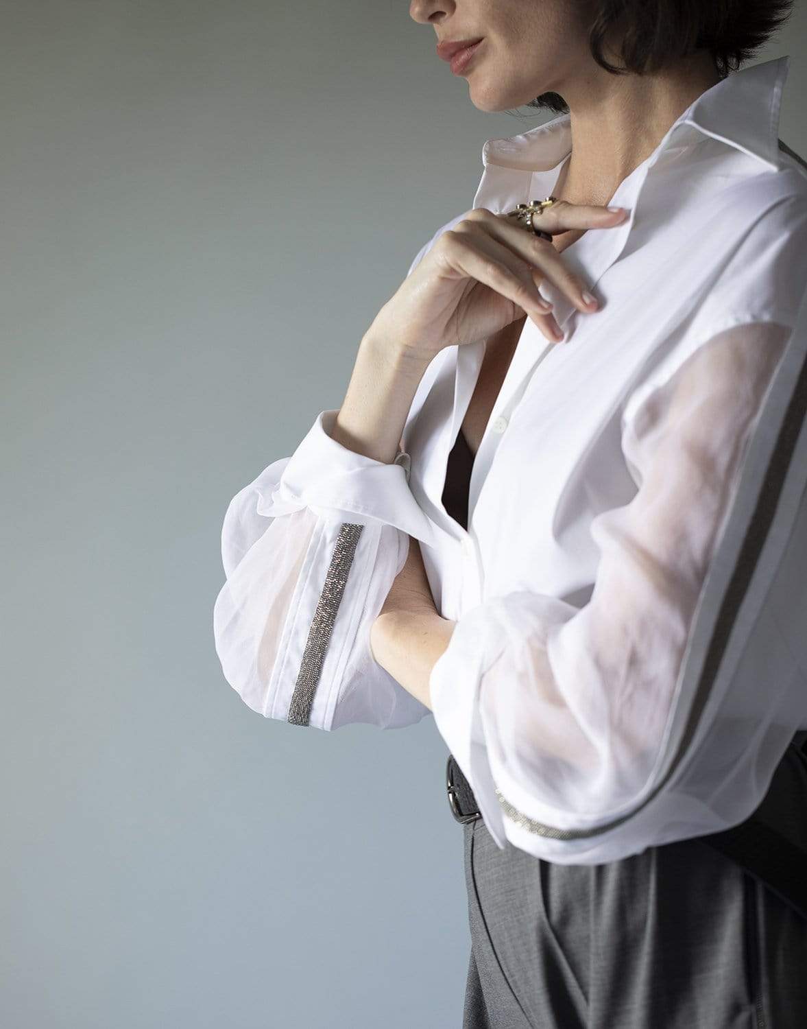 BRUNELLO CUCINELLI-Monili Trimmed Organza Sleeve Top-