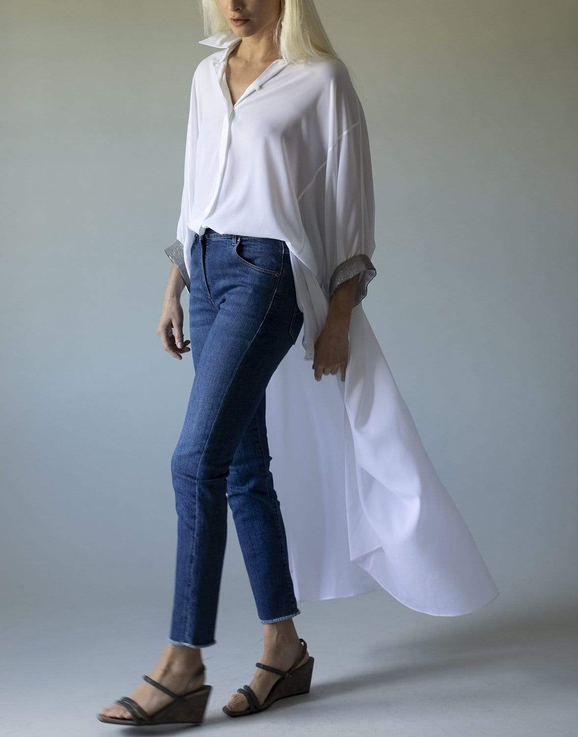 BRUNELLO CUCINELLI-White Silk High-Low Cape Shirt-