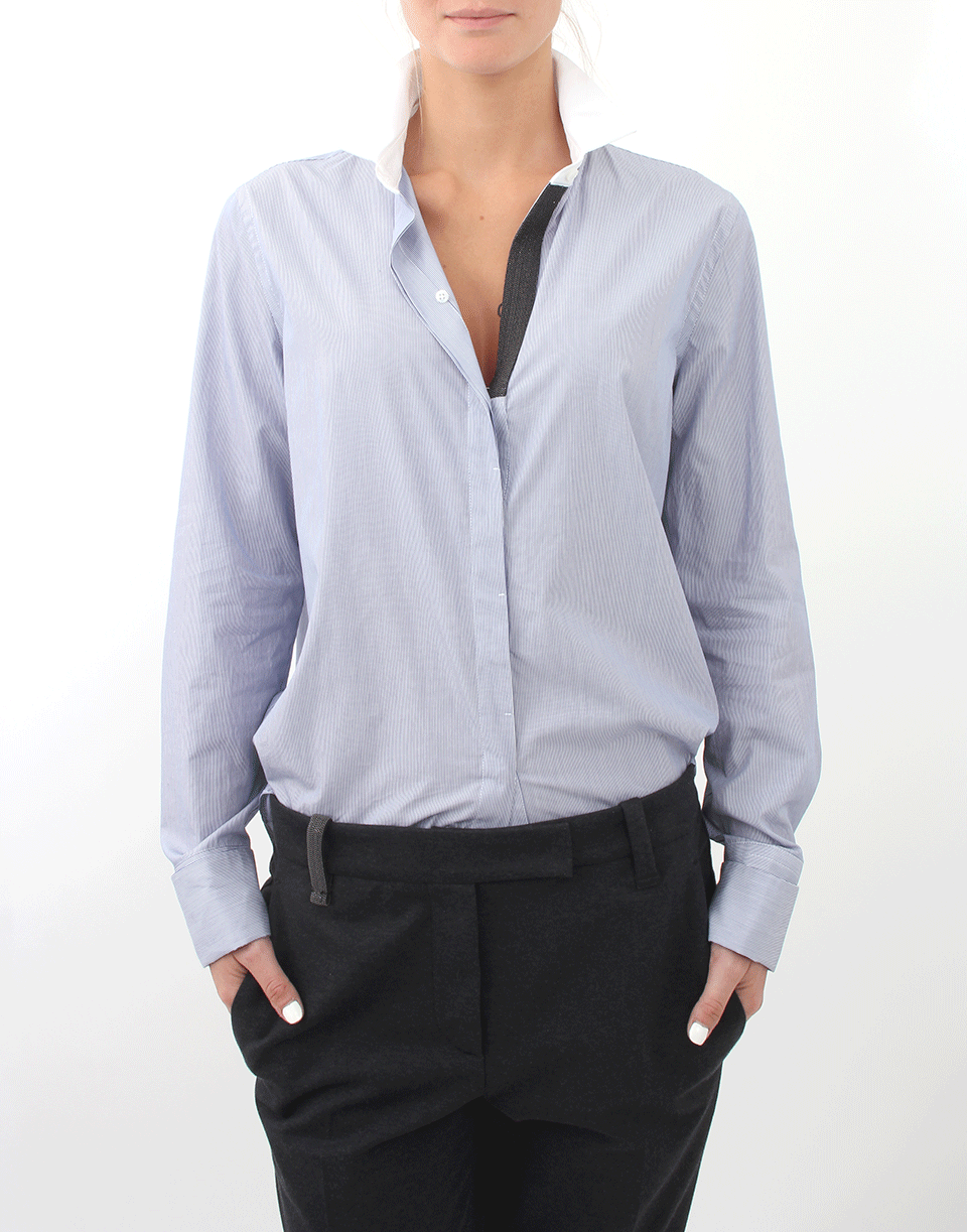 BRUNELLO CUCINELLI-Mini Stripe Collared Blouse-